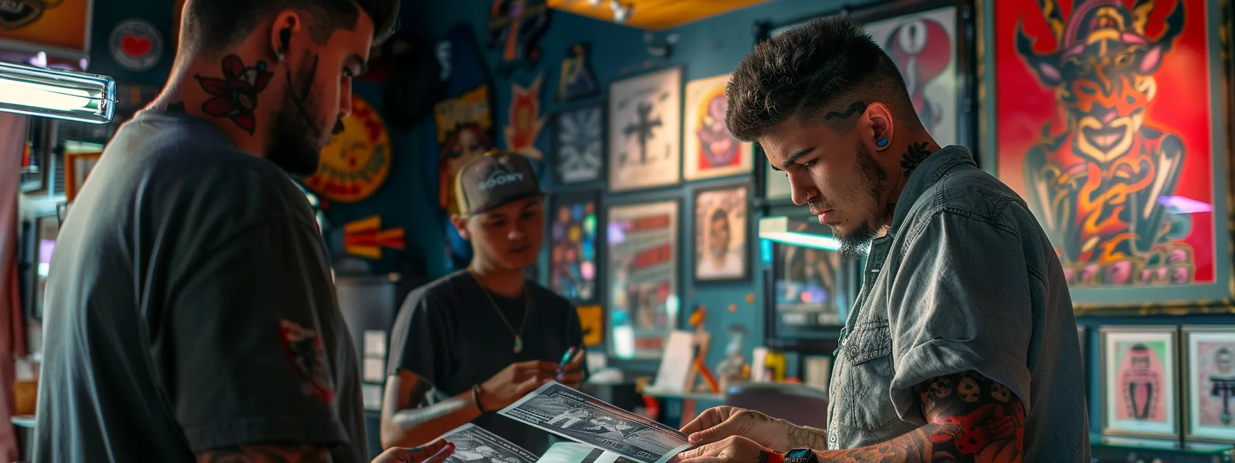 a tattoo artist checking the photo id of a teenager, with colorful tattoo designs displayed on the walls in the background. a tattoo artist checking the photo id of a teenager, with colorful tattoo designs displayed on the walls in the background.