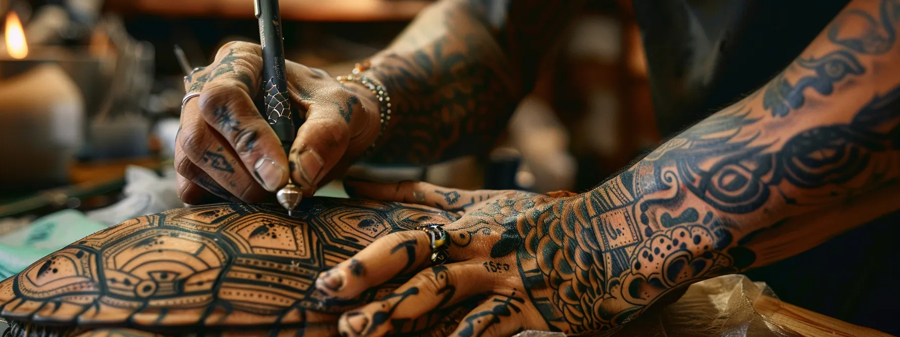 a tattoo artist intricately drawing a turtle design inspired by diverse cultural interpretations on a customer's arm.