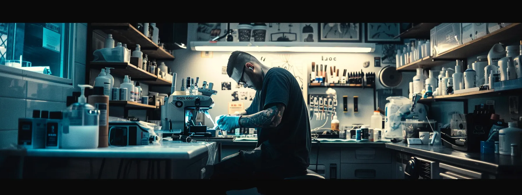 a tattoo artist meticulously sterilizing equipment in a sterile, well-lit studio, embodying the strict health and safety regulations influencing tattoo age laws. a tattoo artist meticulously sterilizing equipment in a sterile, well-lit studio, embodying the strict health and safety regulations influencing tattoo age laws.