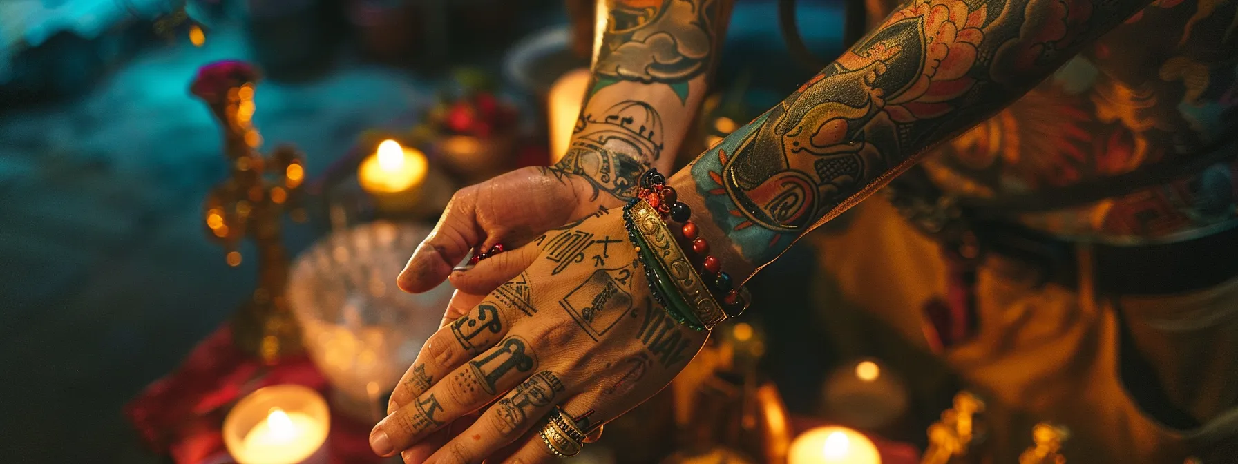 a tattooed person with intricate 777 tattoos on their arm, surrounded by religious symbols from various faiths, showcasing the diverse interpretations of the number.