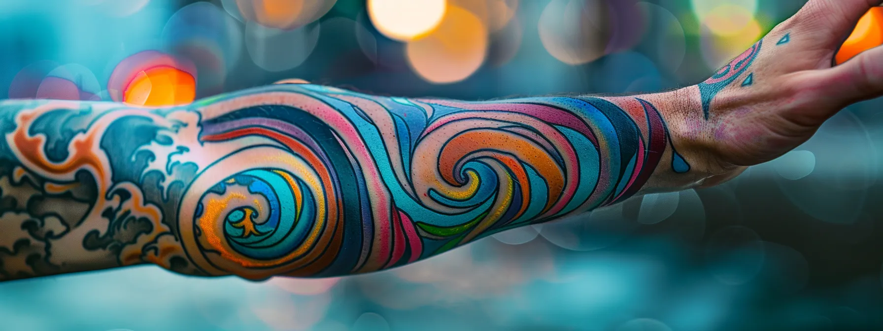 a vibrant and abstract wave tattoo adorning a person's arm, showcasing the fusion of modern art and culture. a vibrant and abstract wave tattoo adorning a person's arm, showcasing the fusion of modern art and culture.
