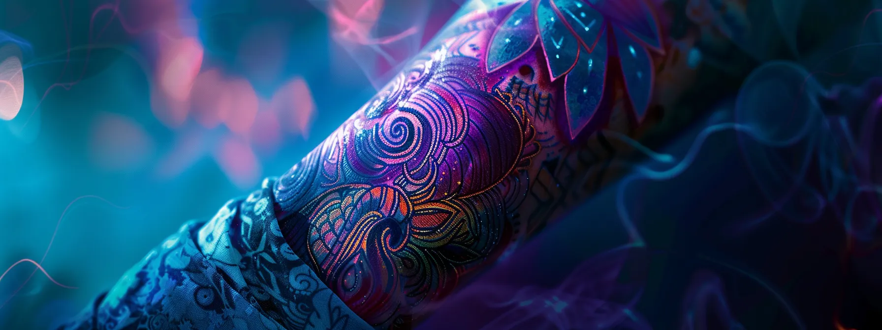 a vibrant and intricate tattoo covering a faded scar, surrounded by healing ointment and protective wrap, under soft lighting.