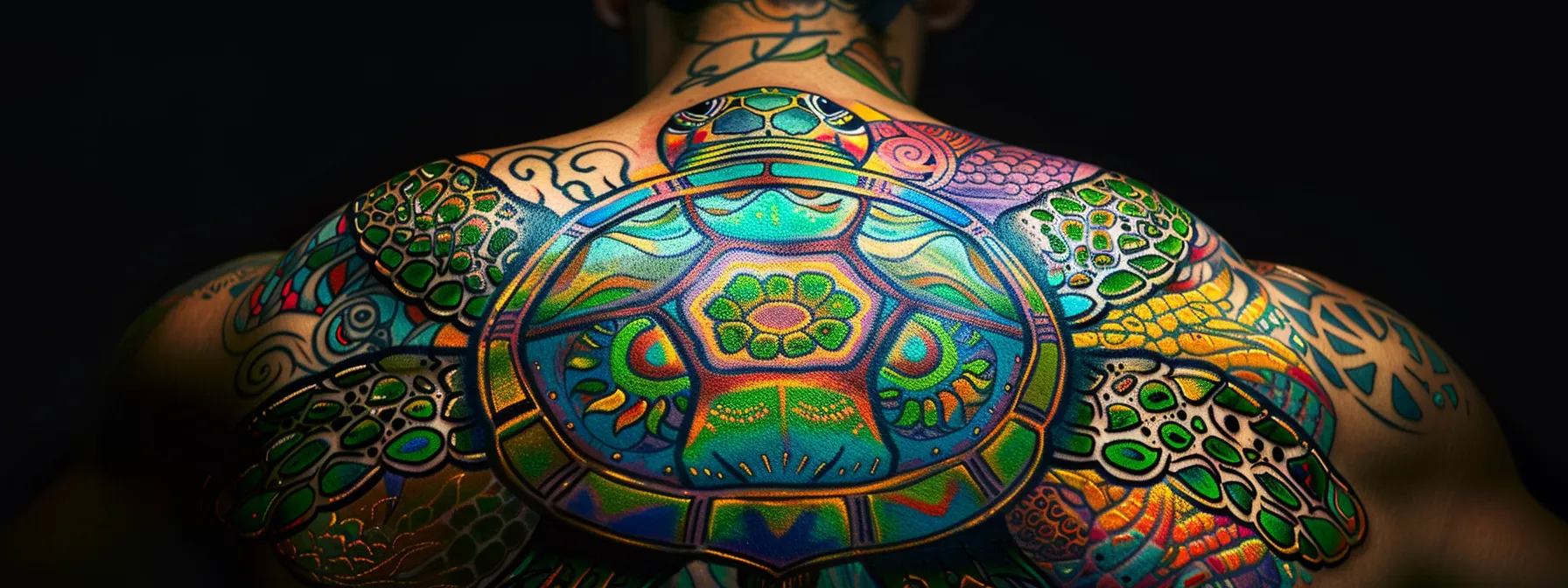 a vibrant and intricate turtle tattoo design displayed on a person's back, blending tribal elements with vivid colors and geometric patterns.