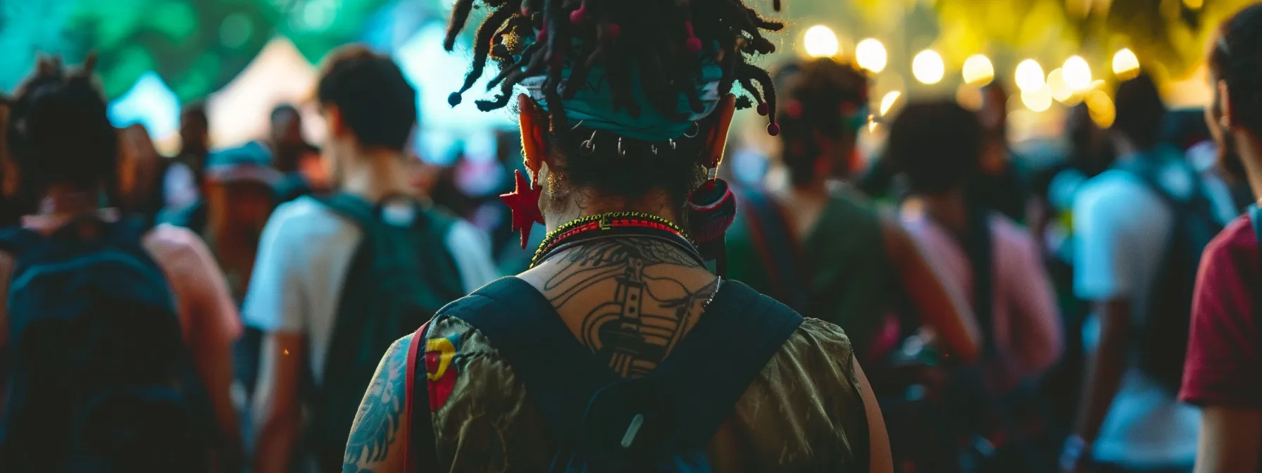 a vibrant, crowded music festival with numerous attendees proudly displaying semicolon tattoos, reflecting the influence of popular culture on mental health awareness.