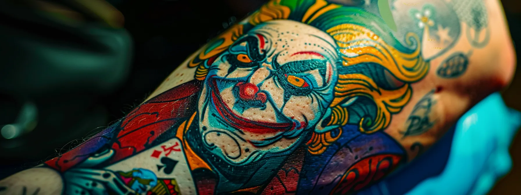 a vibrant, detailed joker tattoo design featuring colorful playing card motifs, symbolizing the complex and diverse artistic styles associated with the character. a vibrant, detailed joker tattoo design featuring colorful playing card motifs, symbolizing the complex and diverse artistic styles associated with the character.