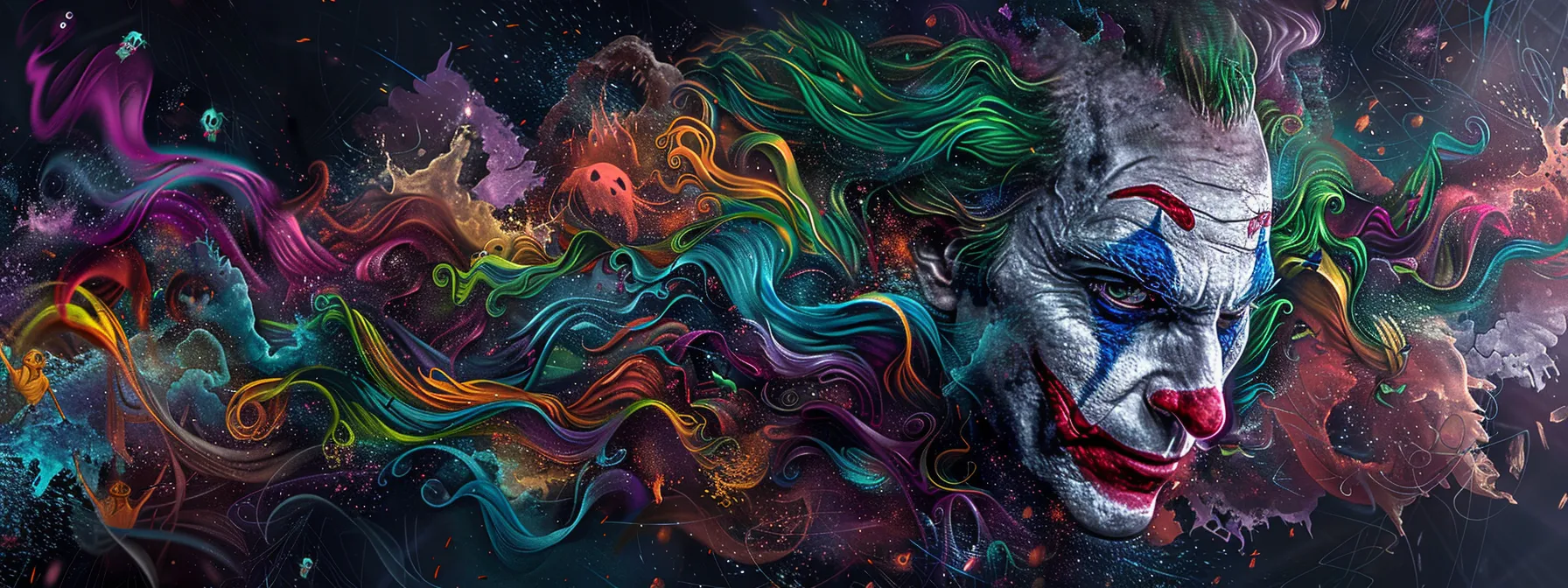 a vibrant, detailed joker tattoo design featuring the iconic face of the joker surrounded by elements of chaos and rebellion. a vibrant, detailed joker tattoo design featuring the iconic face of the joker surrounded by elements of chaos and rebellion.