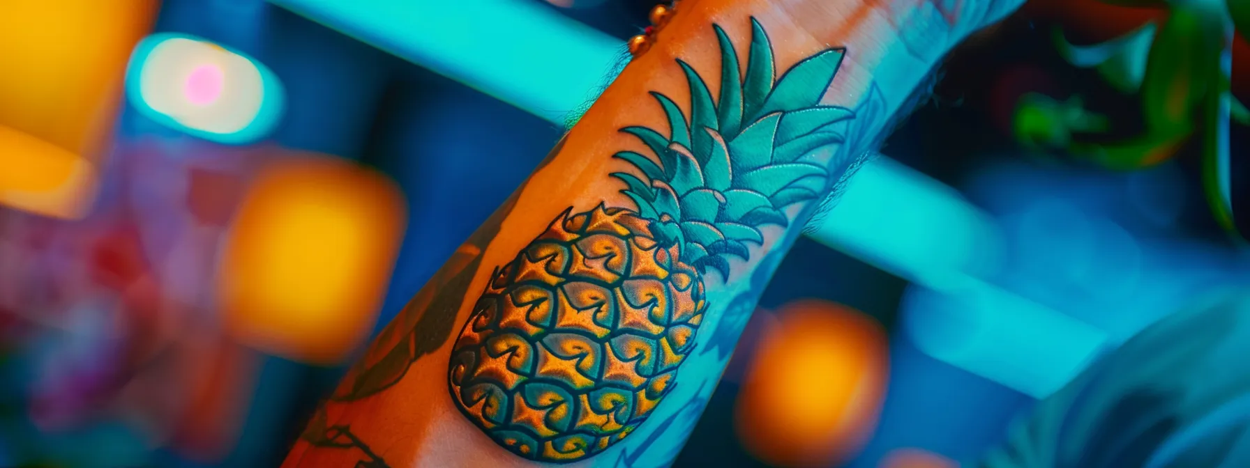 a vibrant, detailed pineapple tattoo on a forearm, symbolizing warmth and hospitality.