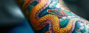 a vibrant, intricate snake tattoo curling around a person's arm, symbolizing transformation and rebirth.