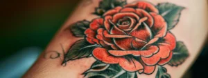 a vibrant red rose tattoo blooming on someone's skin, symbolizing love, beauty, and passion.