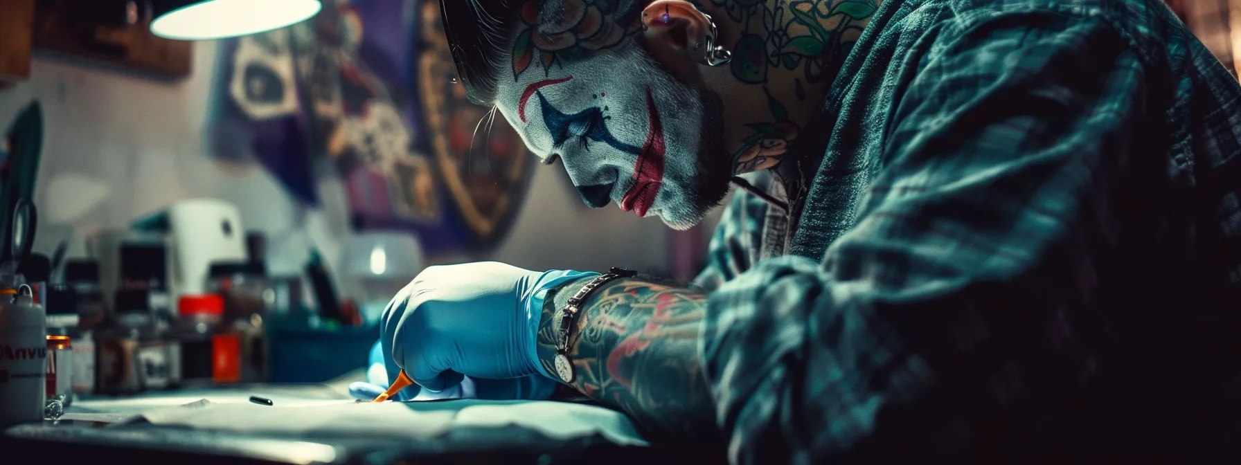 a vibrant tattoo artist carefully etching a detailed tattoo of the joker symbol, blending elements of faith and chaos, onto a client's arm. a vibrant tattoo artist carefully etching a detailed tattoo of the joker symbol, blending elements of faith and chaos, onto a client's arm.