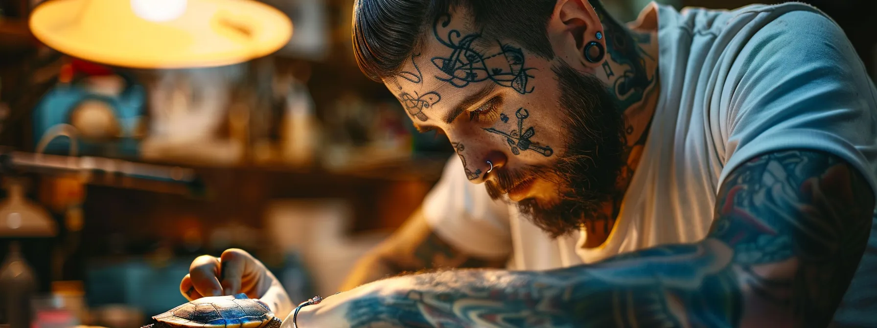 a vibrant tattoo artist delicately customizing a turtle design with intricate personal symbols, family heritage elements, and life values, creating a unique and meaningful masterpiece reflecting the wearer's journey.