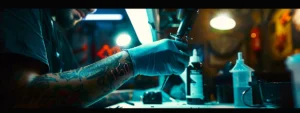 vibrant tattoo artist meticulously etching the symbolic numbers "5150" onto a client's arm.