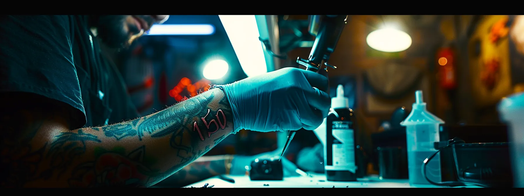 vibrant tattoo artist meticulously etching the symbolic numbers "5150" onto a client's arm.