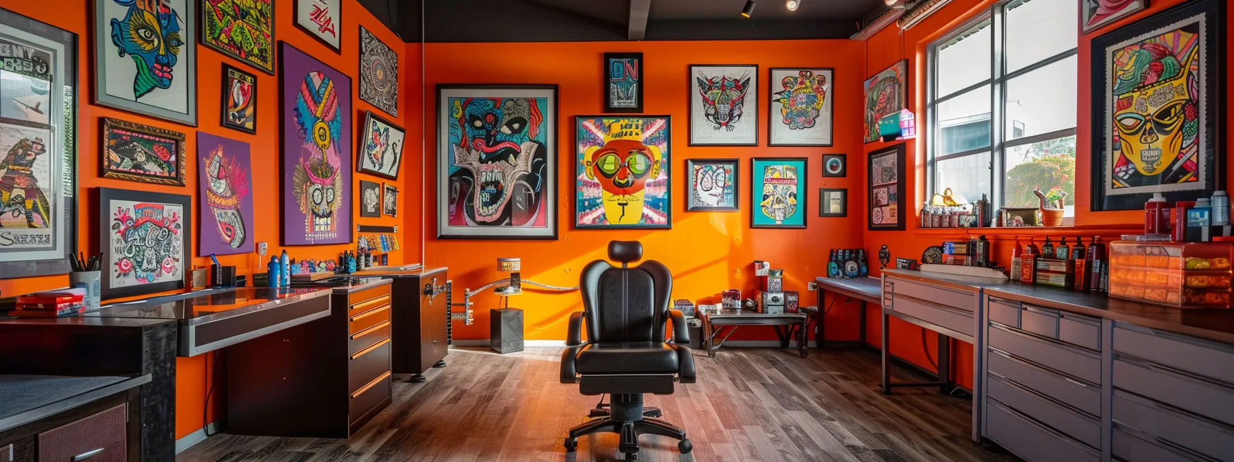 vibrant tattoo artist's studio with colorful designs displayed on the walls and a large, comfortable chair for clients positioned in the center. vibrant tattoo artist's studio with colorful designs displayed on the walls and a large, comfortable chair for clients positioned in the center.