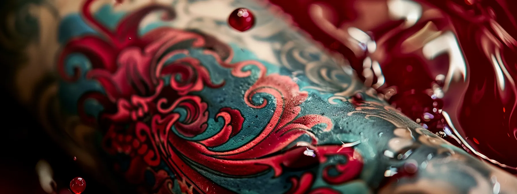 a vibrant tattoo fading on skin, surrounded by a dark red liquid swirling around, symbolizing the negative effects of alcohol on tattoo healing. a vibrant tattoo fading on skin, surrounded by a dark red liquid swirling around, symbolizing the negative effects of alcohol on tattoo healing.