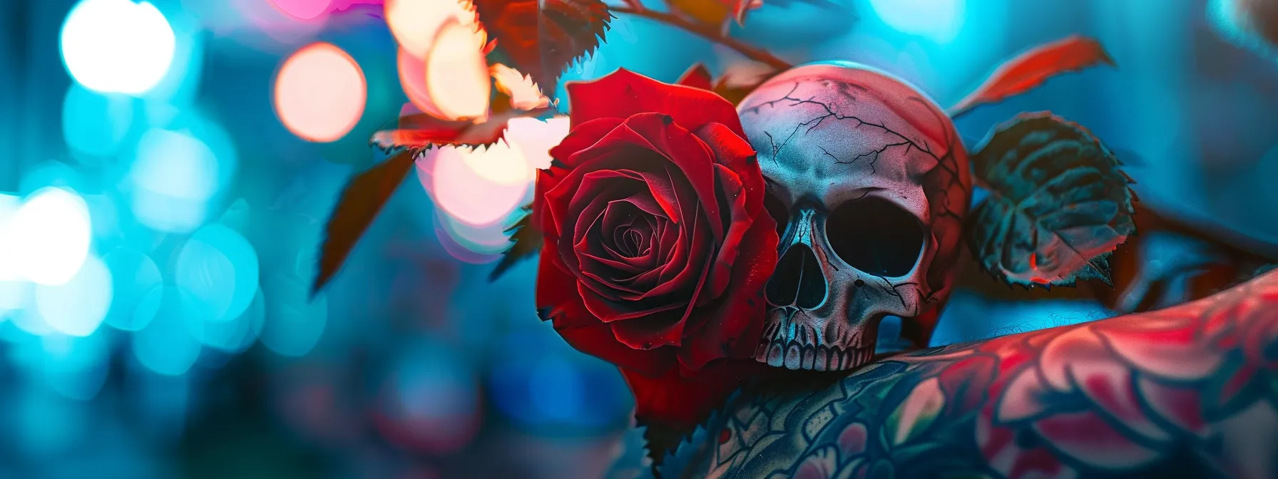 a vivid tattoo design featuring a rose intertwined with a skull, symbolizing the balance between life and death. a vivid tattoo design featuring a rose intertwined with a skull, symbolizing the balance between life and death.