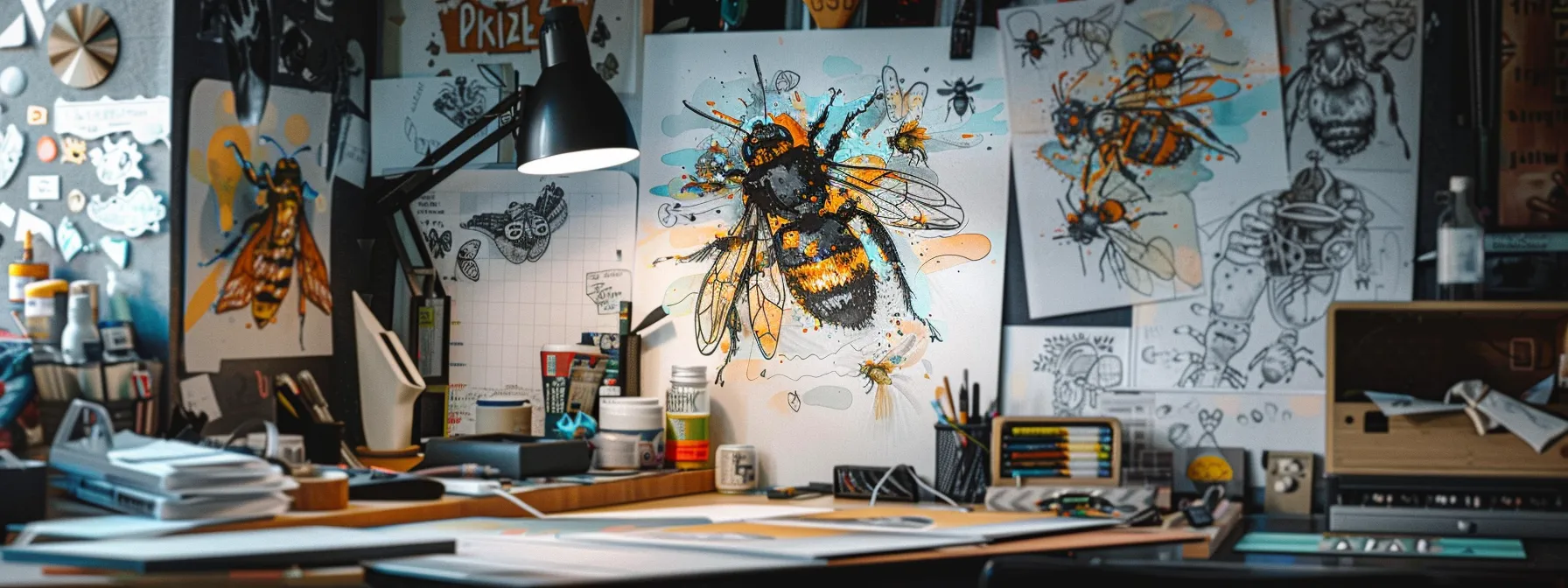 vividly colored bee tattoo design displayed on a tattoo artist's portfolio, surrounded by sketches and inspiration boards.