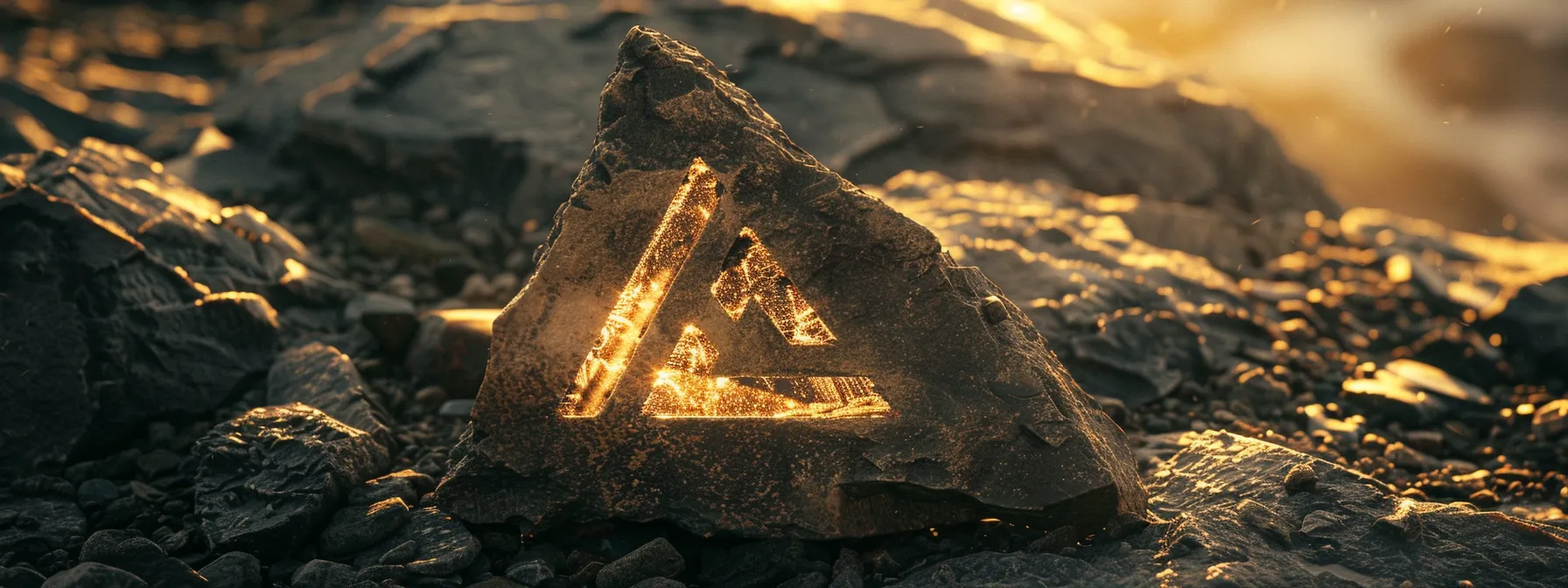 a weathered stone carving of the valknut symbol illuminated by a shaft of golden sunlight, hinting at its mystical and ancient origins in norse mythology.