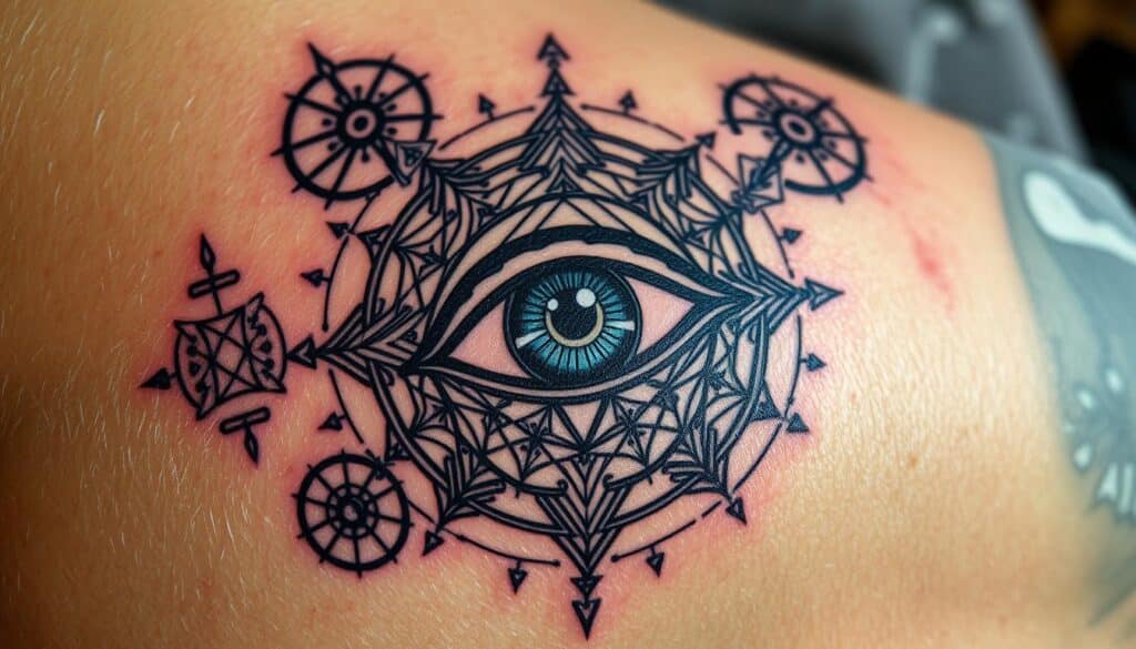 All-seeing eye tattoo featuring intricate geometric patterns and compass-like elements, symbolizing protection, wisdom, and spiritual insight.