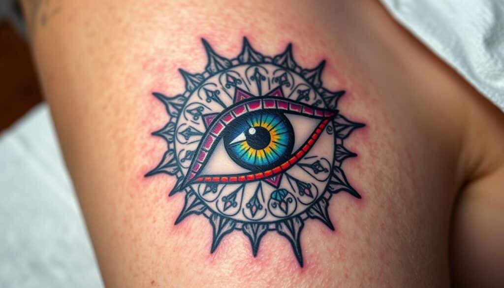 All-seeing eye tattoo design featuring a vibrant eye surrounded by intricate geometric patterns and symbols, representing spiritual awareness and personal insight.