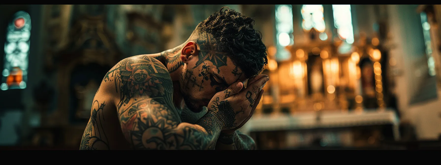 an individual with intricate tattoos covering their arms and chest, standing in contemplation with a church in the background.