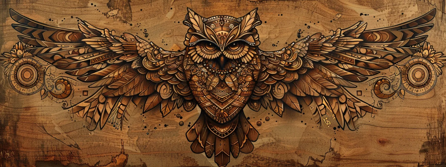 an intricate owl tattoo design featuring elements from native american, eastern, and european cultures, symbolizing wisdom, protection, mystery, and spirituality. an intricate owl tattoo design featuring elements from native american, eastern, and european cultures, symbolizing wisdom, protection, mystery, and spirituality.