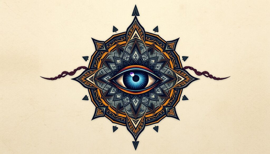 All-seeing eye tattoo design featuring intricate sacred geometry, vibrant colors, and symbolic rays of light, representing spirituality and balance.