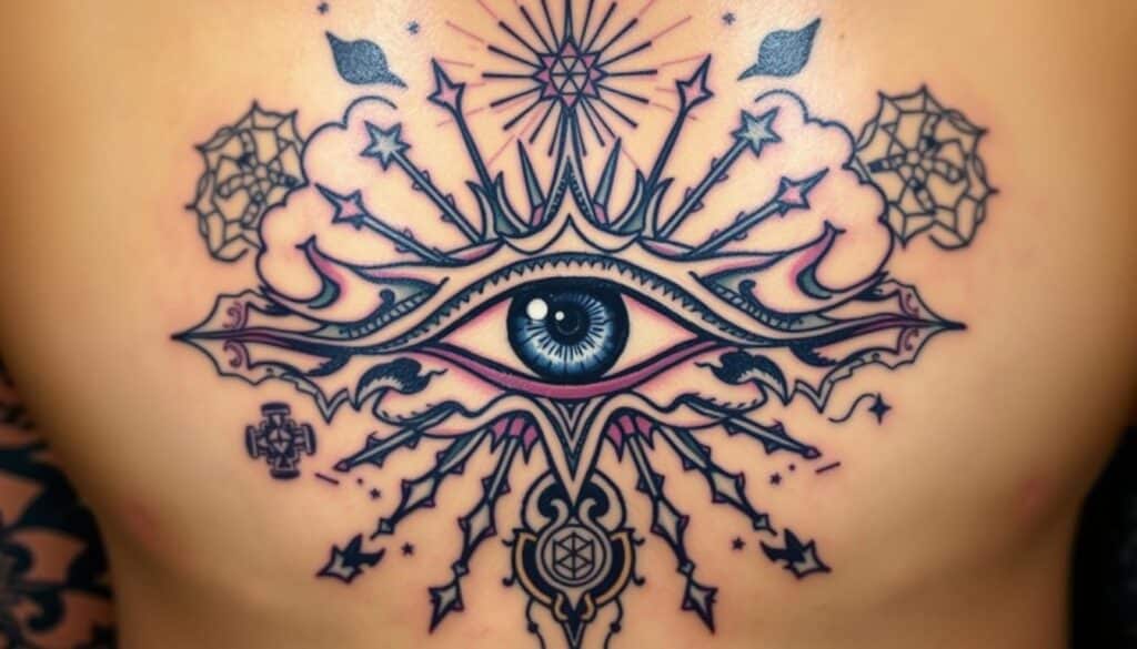 Eye of God tattoo design featuring a central eye surrounded by intricate patterns, rays, and symbolic elements, representing cosmic consciousness and spiritual awakening.