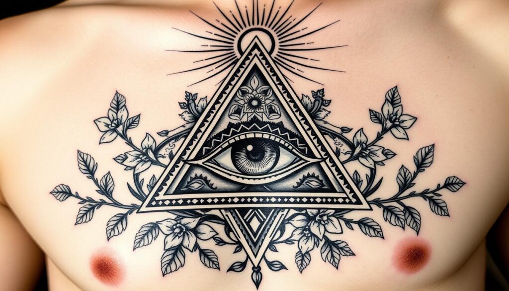 All-seeing eye tattoo design featuring a central eye within a triangle, surrounded by floral elements and rays of light, symbolizing divine knowledge and spiritual growth.