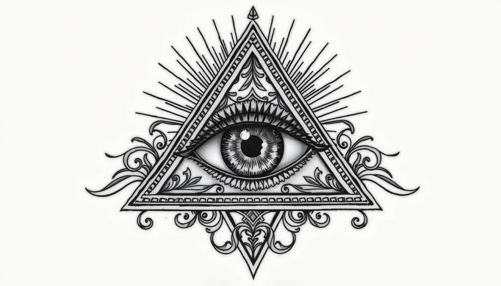 Eye of Providence tattoo design featuring intricate geometric triangle, detailed eye, rays of light, and decorative elements symbolizing divine guidance and spiritual enlightenment.