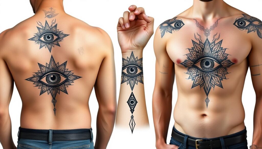 Realistic all-seeing eye tattoos on a man's back, chest, and forearm, featuring intricate designs with geometric elements and rays of light, symbolizing spiritual growth and enlightenment.