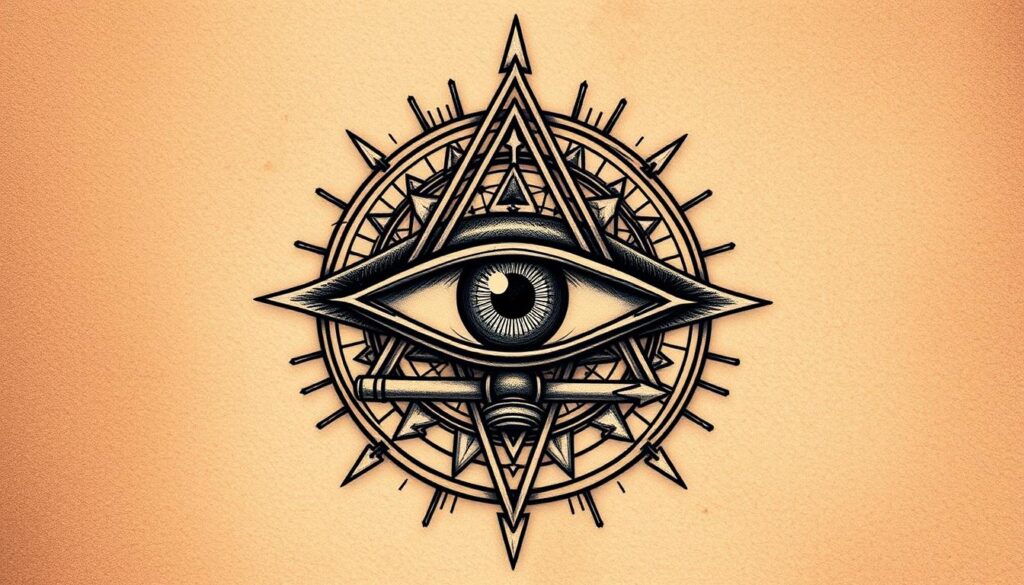 All-seeing eye tattoo design featuring intricate geometric patterns and a compass-like background, symbolizing surveillance and personal power, reflecting its cultural significance and connections to Illuminati themes.