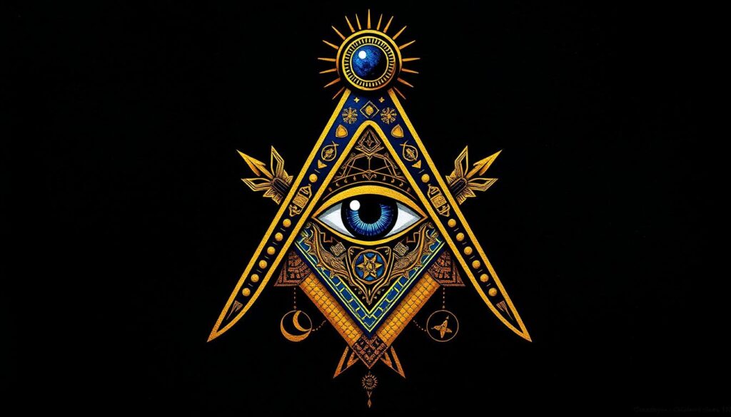 Masonic all-seeing eye symbol with intricate designs, representing divine wisdom and spiritual guidance, set against a black background.