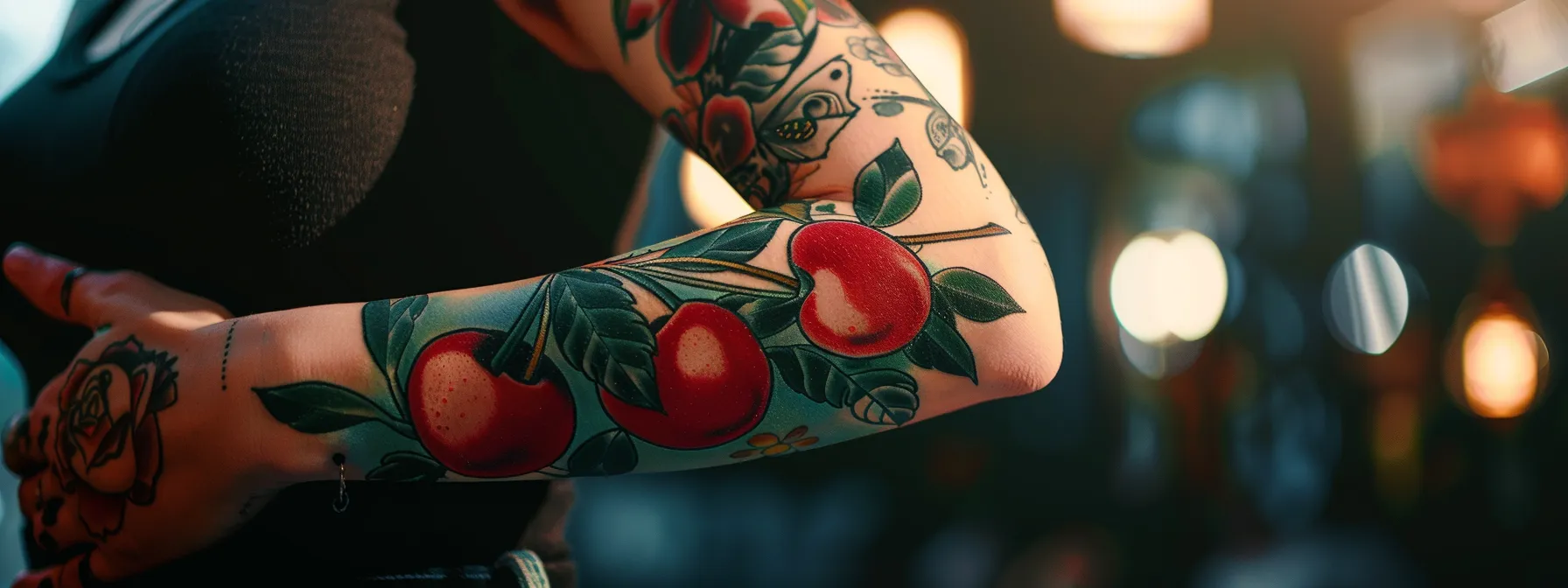 vibrant cherry tattoo art adorning the arm of a stylish person, showcasing the trendy and symbolic design in contemporary culture.