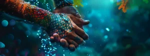 vibrantly colored tattoo glistening underwater, showcasing how long after a tattoo you can swim.